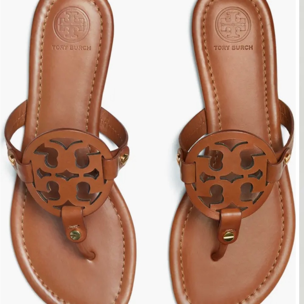 New Tory Burch Brown Leather Miller Sandals Size 7.5 Flat Thong Shoes for Women - Picture 2 of 14